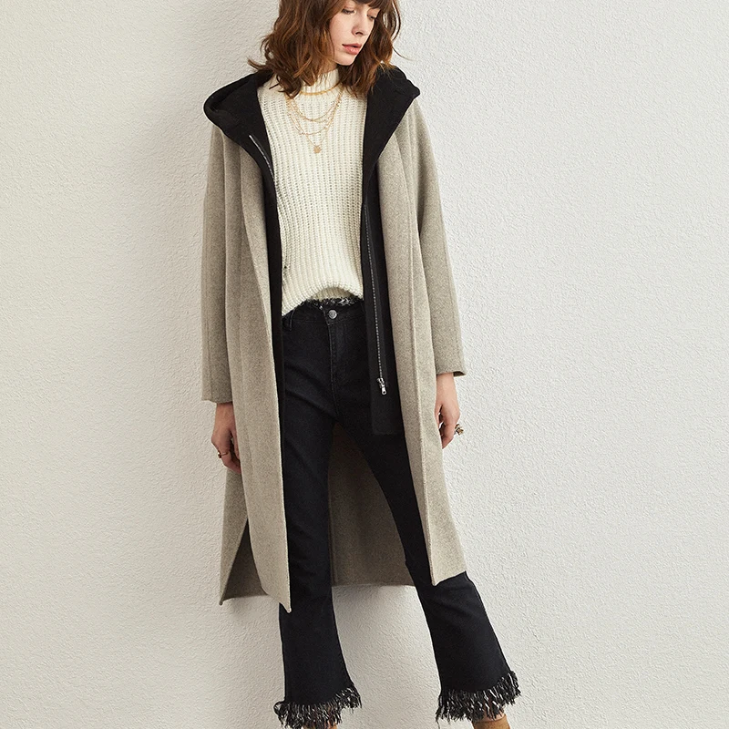 Женское шерстяное пальто с капюшоном Длинное свободное кашемировое черного