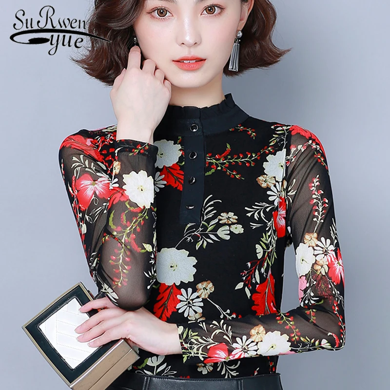 

Женские топы и блузы Новинка fashion2021 Длинные рукава с цветочным рисунком, с рюшами Повседневная Блузка женская одежда harajuku размера плюс Топы ...