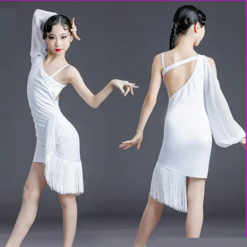 

2021 Children Tassel Dress Ballroom Latin Dance Dress Girls Competition Performance Costumes Oblique Shoulder Practice Dancewear