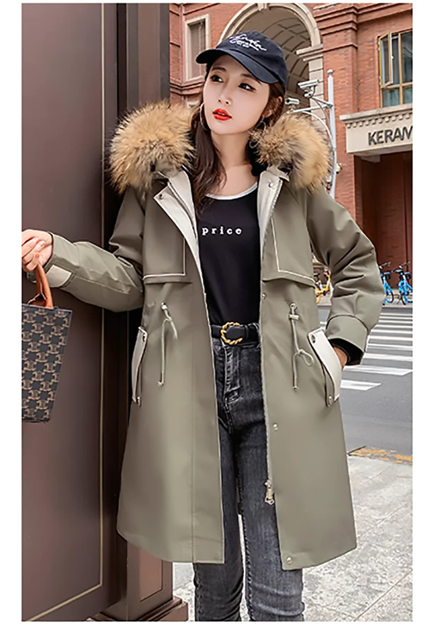 2021 Winter Jacket Women Adjustable Rex Rabbit Fur Liner Over The Knee Coat With Large Raccoon Fur Collar Hooded Parkas
