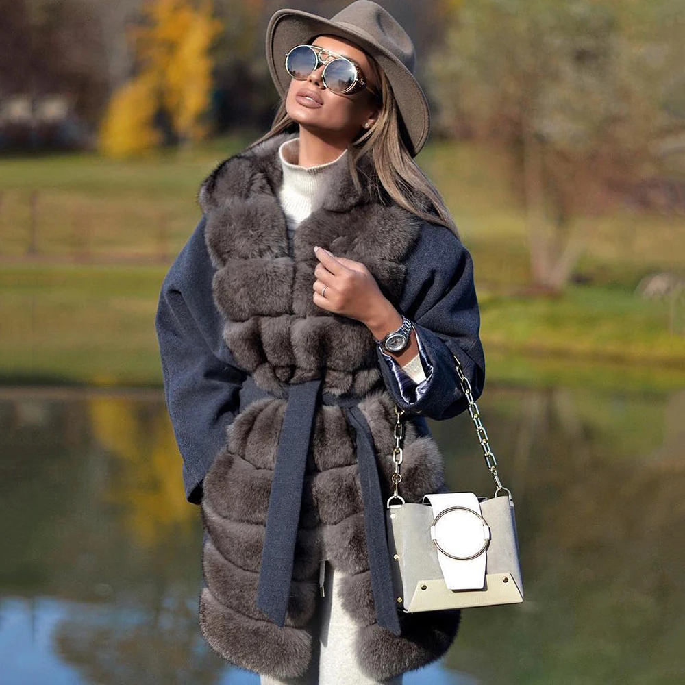 Women Fashion Real Wol Blend Coats With Long Fox Fur Collar Luxury Female Natural Fur Cashmere Coat Women Natural Fur Overcoats
