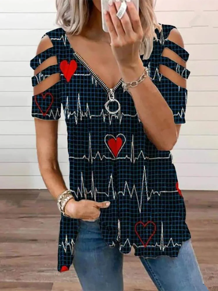 

Zipper V-Neck Shirt S-5XL Plus Size Tops Work Women Blouses New Fashion Fit Vintage Floral Print Cotton Spinning Shirts