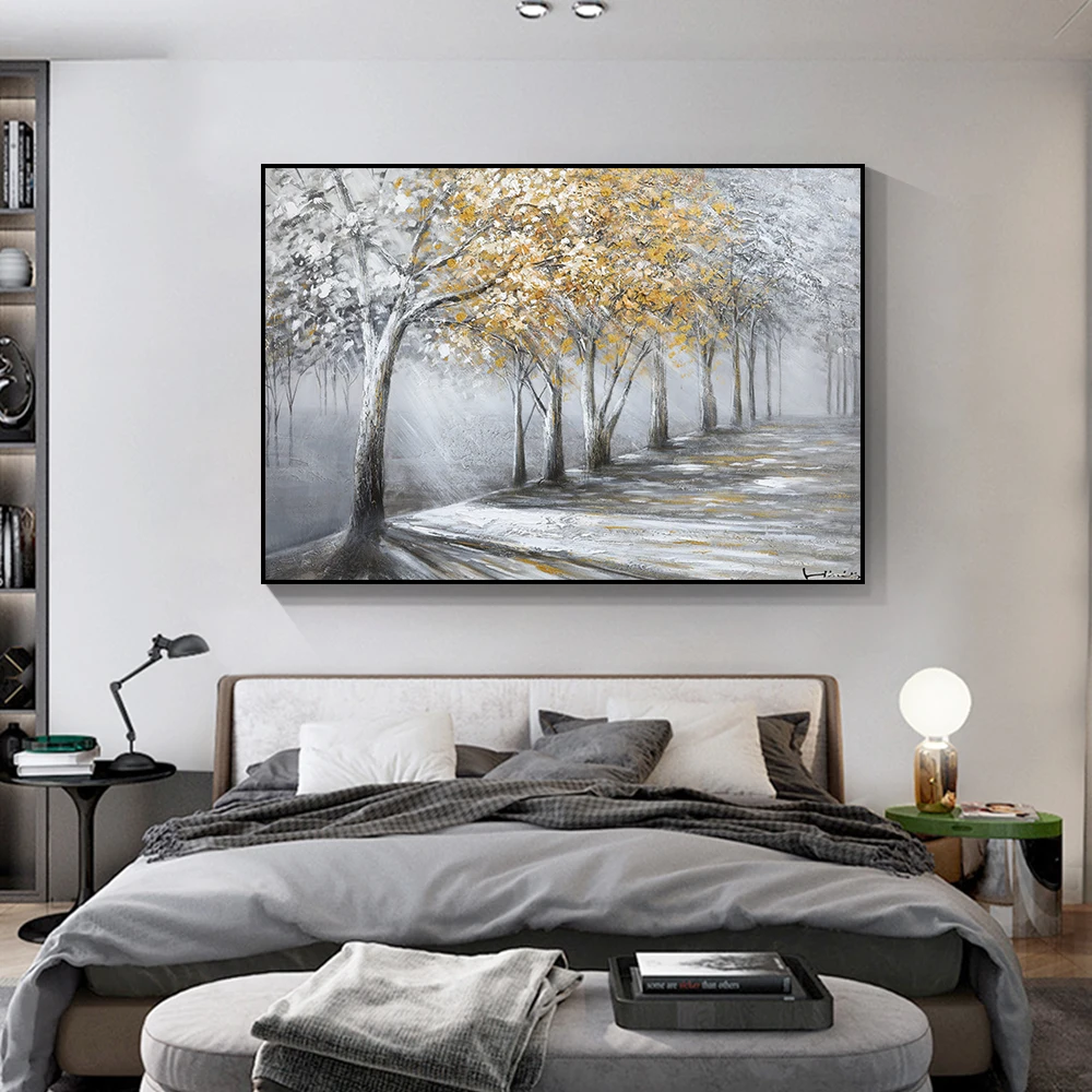 Плакат на холсте с золотыми листьями и серым деревом природный ландшафт