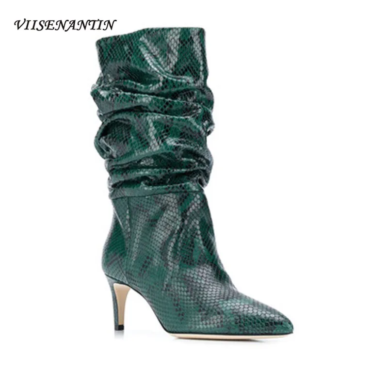 

Осенне-зимние ботинки на высоком каблуке с острым носком, длинные ботинки со змеиным принтом, ботинки на шпильке из матовой замши, модные же...