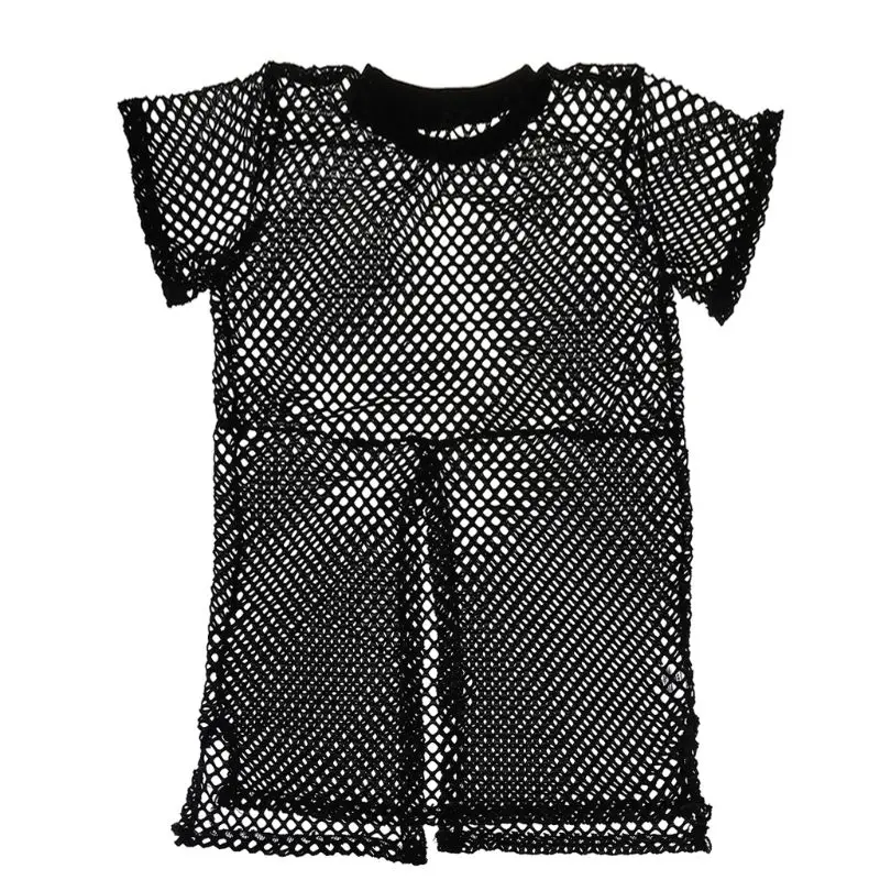 KLV сексуальное прозрачное Сетчатое платье-футболка с коротким рукавом вязаный