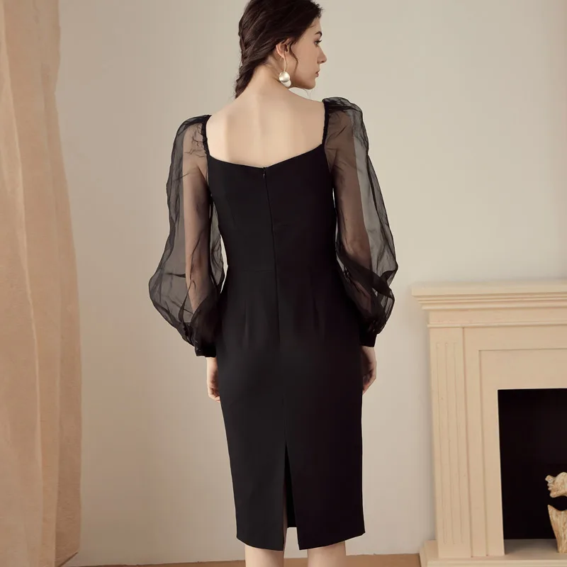 

INDRESSME Sexy V Neck Mesh Puff Full Sleeve Midi Dress Fashion Women Party Office Lady 2020 New Vestidos