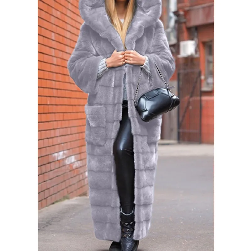 

Пальто из искусственного меха, Женское зимнее теплое длинное плотное пальто, уличная одежда с меховым воротником, верхняя одежда, женские п...