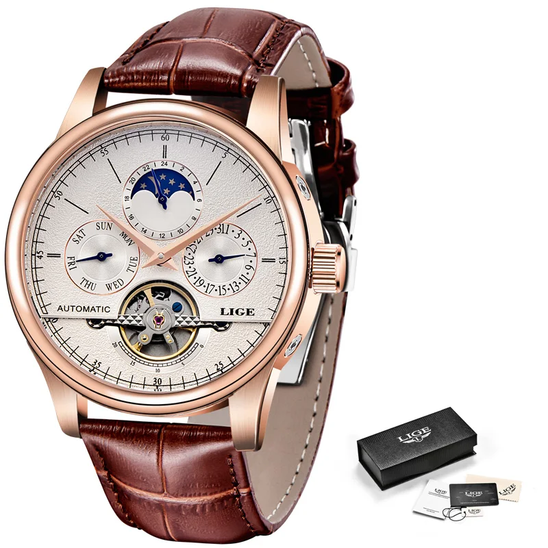 LIGE Брендовые мужские часы автоматические механические спортивные кожаные