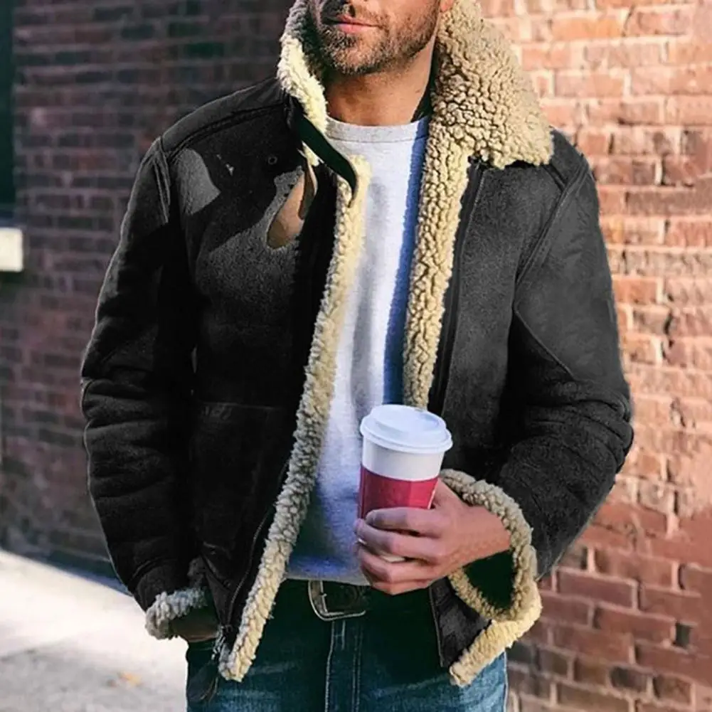 Пальто мужское на молнии винтажный теплый кардиган с отложным воротником модная