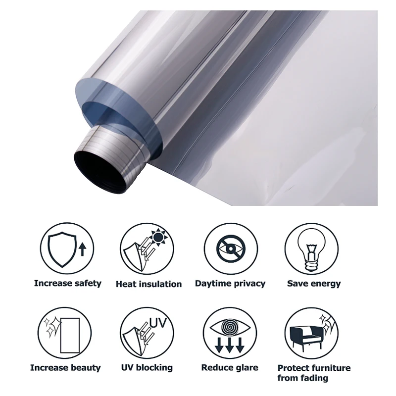 

SUNICE Self-adhesive Silver& Silver One-way Mirror Window Film Office Privacy Summer Anti-UV Protection Glass Solar Tint 200cm