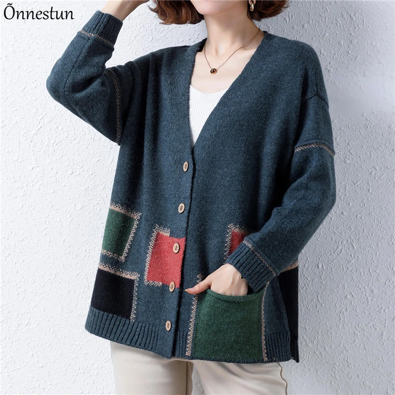 

Harajuku V Neck Sweater Women Autumn Long Sleeve Sweater Cardigan Geometry Outerwear Single-breasted Soft Knitwear Cardigans