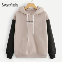 SweatyRocks толстовка с контрастными рукавами и надписями на шнурке, пуловер большого размера, топы, осенние женские повседневные толстовки с капюшоном