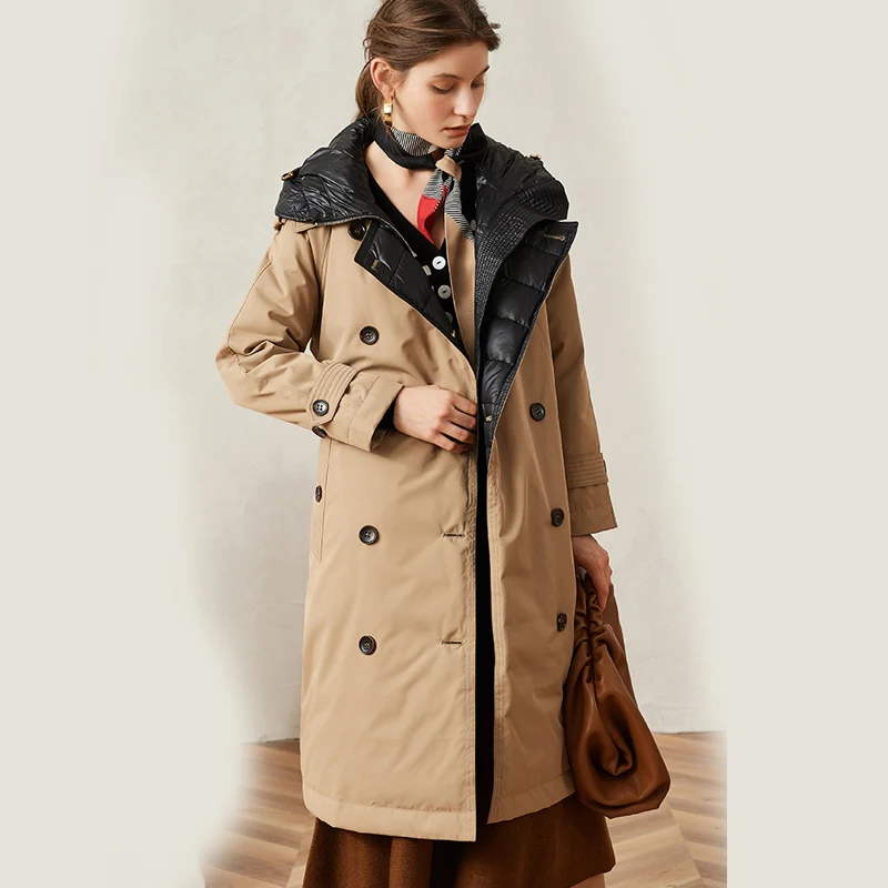 Женский двубортный пуховик с капюшоном длинная парка на белом утином пуху поясом