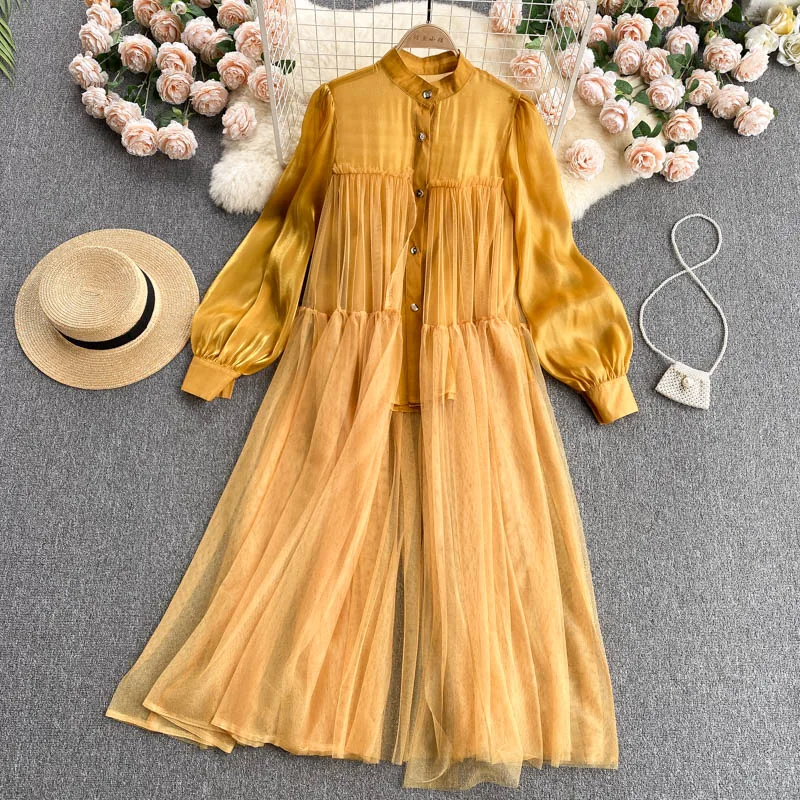 

Amolapha New 2021 Autumn Sweet Single Breasted Chiffon Stitching Mesh Dress Office Lady Party Korean Chic Beach OL Work Vestidos