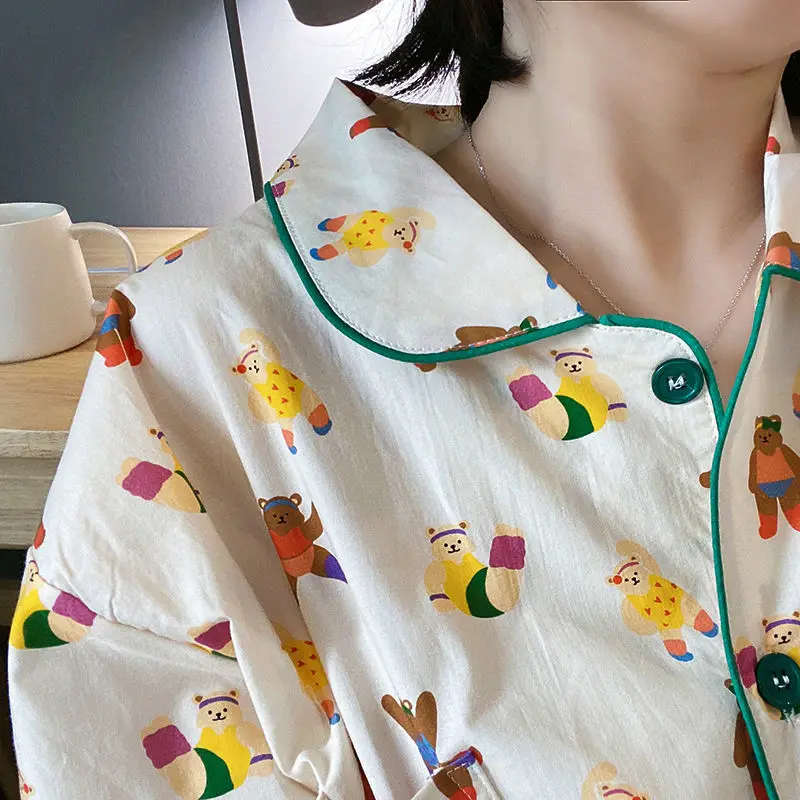 QWEEK Kawaii Pajamas Two Piece Set Spring Autumn Teen Girls Sleepwear Bear Pijamas Loungewear Bedroom Set Pyjamas Nightwear Cute