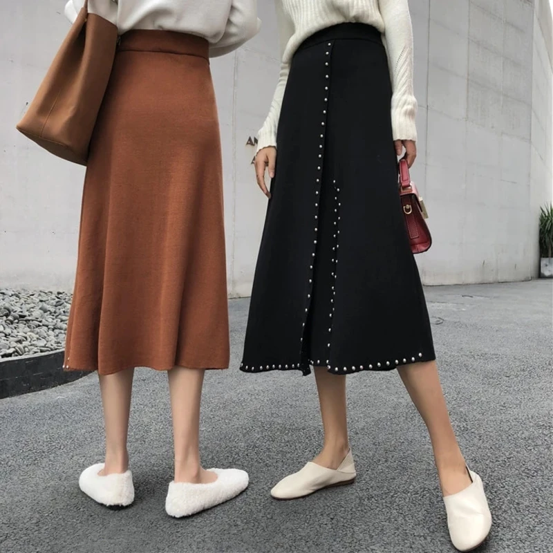 Новинка 2020 Женская однотонная трикотажная Плотная юбка с разрезами на бедрах и