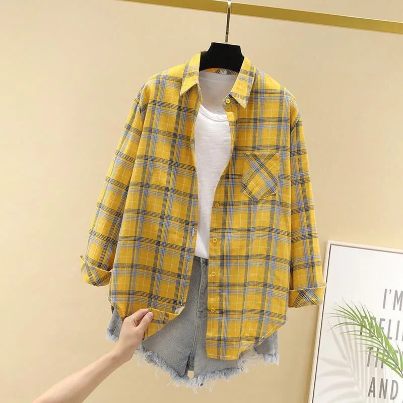 

THHONE Autumn New Women's Long Sleeve Shirts Jacket Blouses Loose Slim Korean Style Long Tops for Women Clothing Plaid Shirt