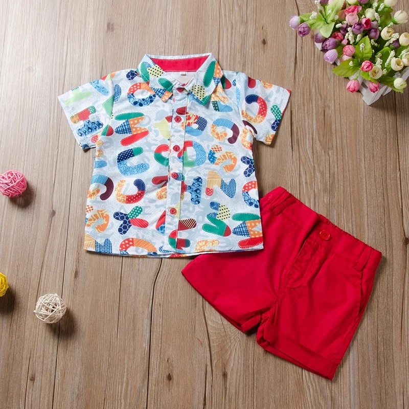 

2pcs/set Baby Boys Set Letter Short Sleeve Lapel Shirt + Solid Color Shorts Set Two Piece Clothing Set Drop For Baby