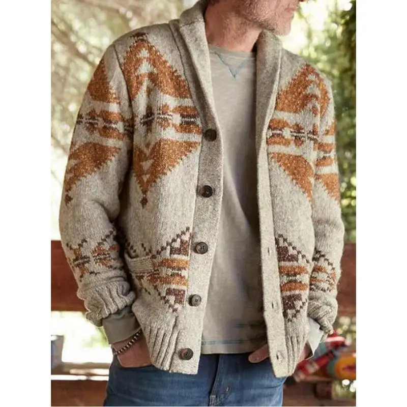 

Lugentolo Sweaters Mens Cardigans Plus Size Knitted Jacquard Plus Size Single Breasted Turn-down Collar Men Clothes