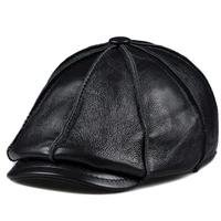fashion black newsboy hats for men women genuine cowskin leather octagonal cap autumn winter fitted vintage duckbill hats beret