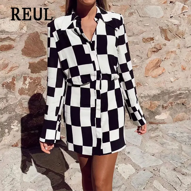 

REUL 2021 Za Women Fashion Black and White Plaid Print Mini Shirt Dress Vintage Office Wear Long Sleeve Female Dresses Vestidos