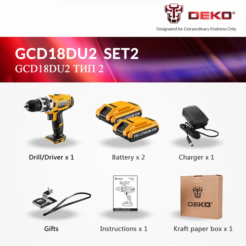 Заводской магазин DEKO GCD18DU2 18 В литиевая батарея электрическая отвертка Беспроводная мини-шуруповерт с переменной скоростью Аккумуляторная дрель - Цвет: SET2