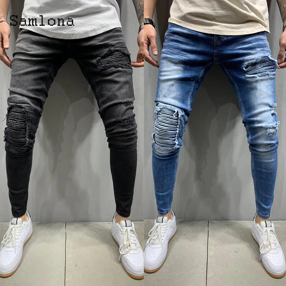 Mens Skinny  Jeans Fashion Denim Pant Male 2020 Hole Ripped Pants Streetwear Men Zipper Denim Pant Blue Hip Hop Pencil Trousers