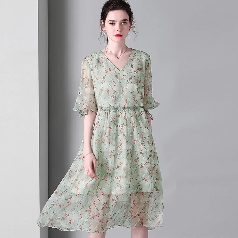 100% шелковое платье из натурального шелка с цветочным принтом оборками v-образным