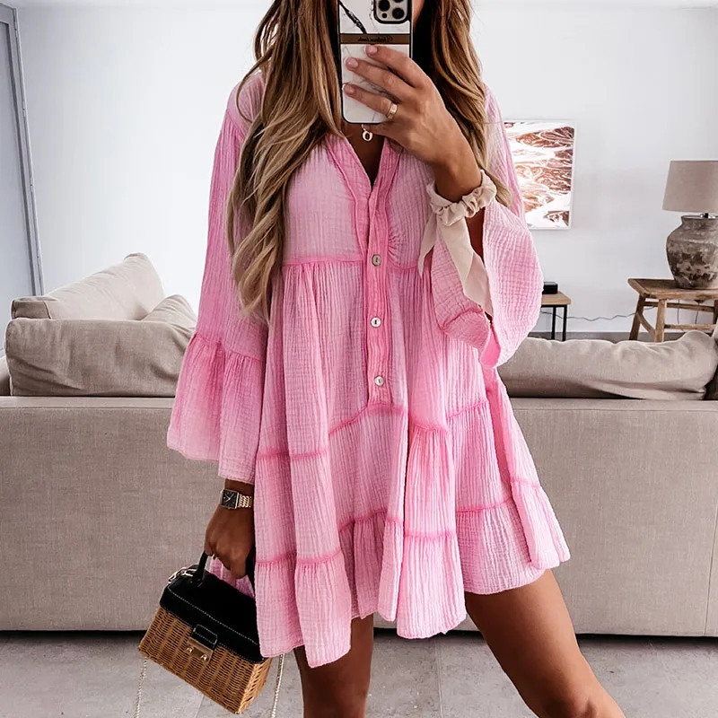 

White Ruffles Summer Women's Dress 2021 V-neck Kawaii Mini Shirt Dresses Female Single Breasted Flare Sleeve Ladies Casual Dress