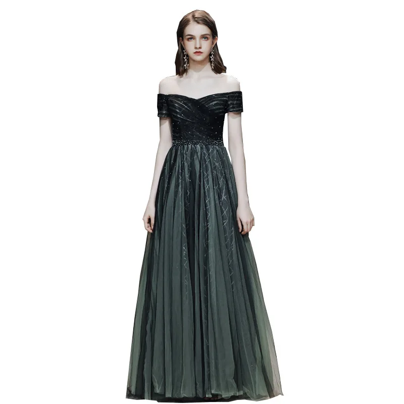 

Formal Evening Dresses R267 Off The Shoulder Women Banquet Vestidos Sexy Boat Neck Robe De Soiree A-Line Long Dress 2020
