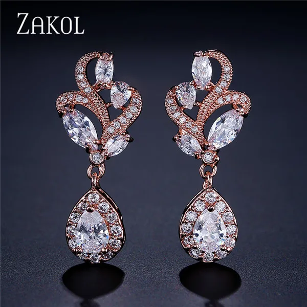 ZAKOL модные серьги-подвески с кубическим цирконием, изысканные серьги в форме капли воды, свадебные ювелирные изделия с кристаллами для женщин, FSEP1001 - Окраска металла: Rose Gold Color