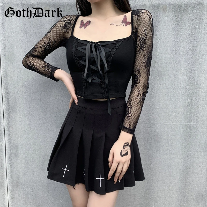 Goth Dark Lace Patchwork Gothic T-shirts Grunge Bandage Front Black Long Sleeve Crop Tops Women Bodycon Fashion Streetwear 2021 | Женская