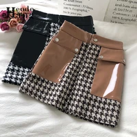 hangcode brand fashion plaid mini skirts women autumn winter pu leather patchwork pockets short skirts office ladies bottoms