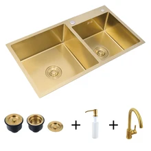 Above Counter Double Tank 304 Stainless Steel Brushed Gold Kitchen Sink with Faucet Household Sink Under Mount Farmhouse Sink