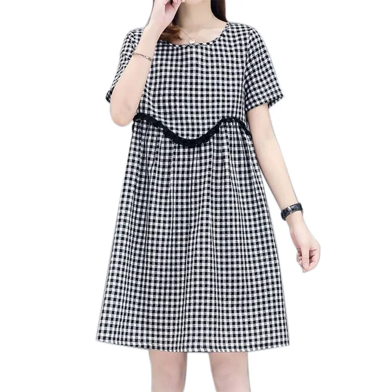 Женское летнее платье-туника в клетку с коротким рукавом и высокой талией S-3XL |