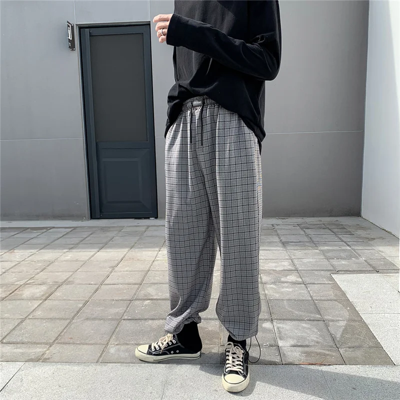 

FOJAGANTO Spring Thin Plaid Pants Men's Fashion Retro Casual Pants Men Streetwear Wild Loose Drawstring Straight Trousers Mens