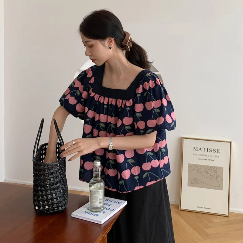 

GALCAUR Floral Print Loose Colorblock Short Puff Sleeve Women's Shirt Square Collar Casual Womens Summer Clothing 2021 Fashion