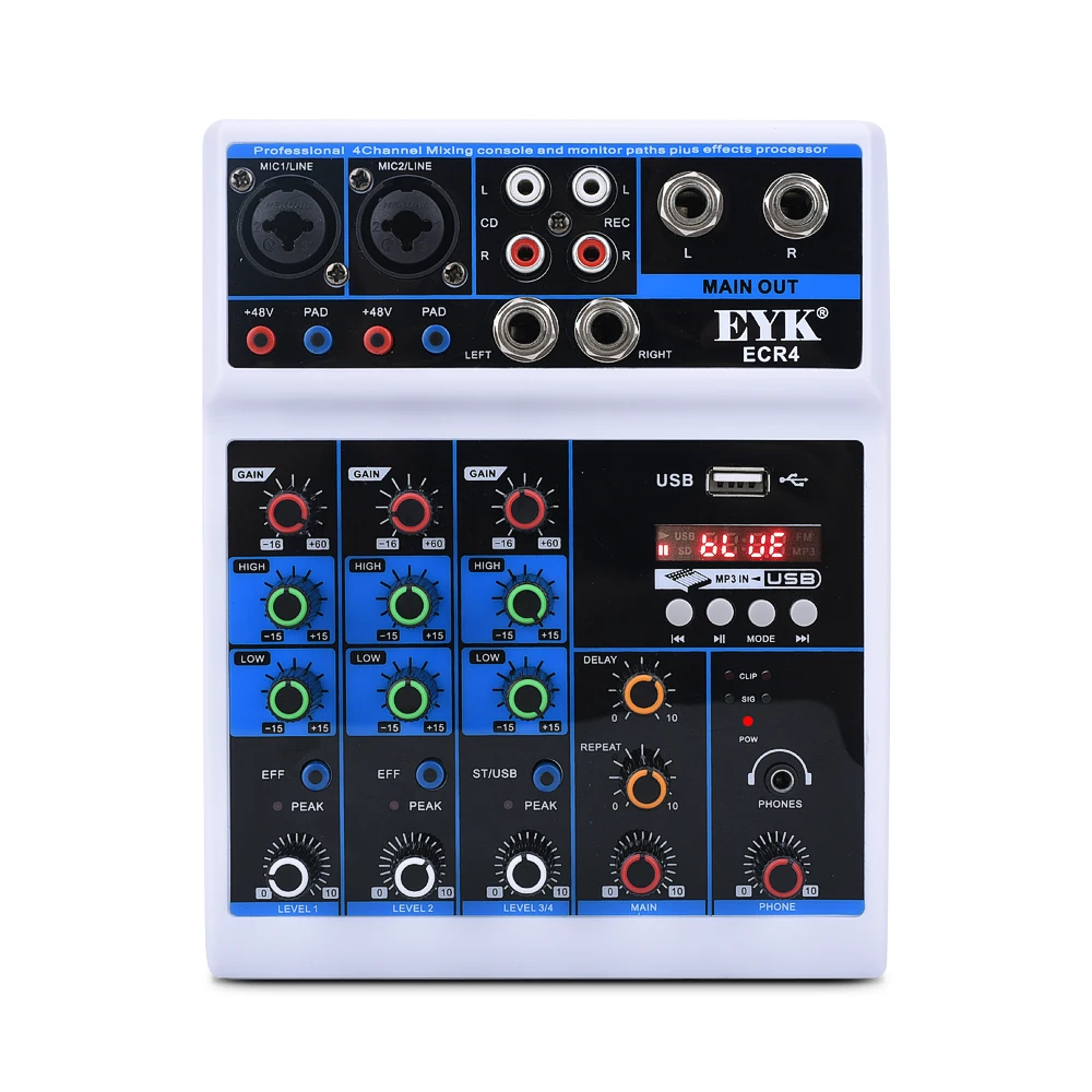 eyk ecr4 audio mixer with sound card 4 channel stereo mixing console bluetooth compatible usb for pc computer record playback free global shipping