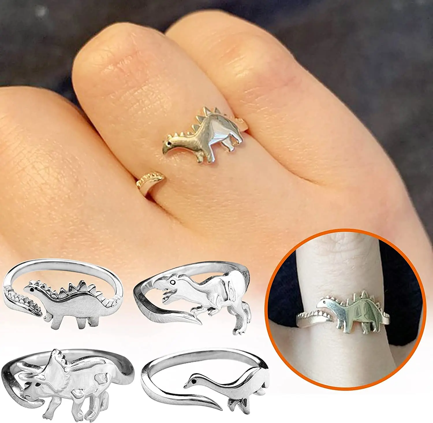 

Dinosaur Rings Cute Ring Silver Color Opening Adjustable Rings Best Love Gift Design Animal Shape Ring for Women Men Punk Style