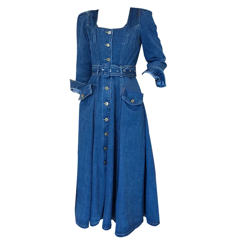 

2021 auttumn fashion square collar denim dress women single breasted slim long sleeve a-line princess dress