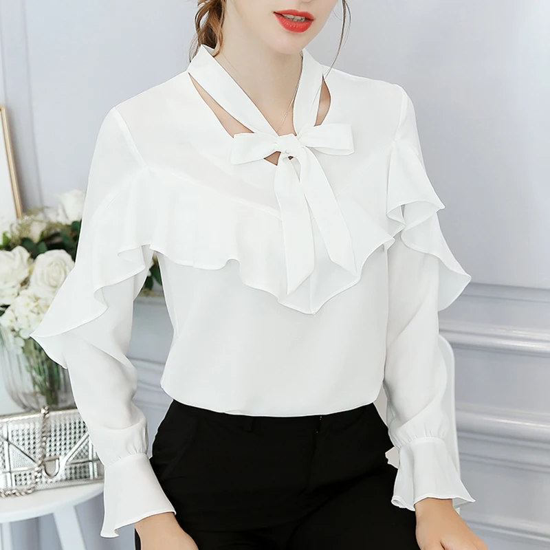 Весенняя женская блузка с оборками шифоновая рубашка длинным рукавом Женские