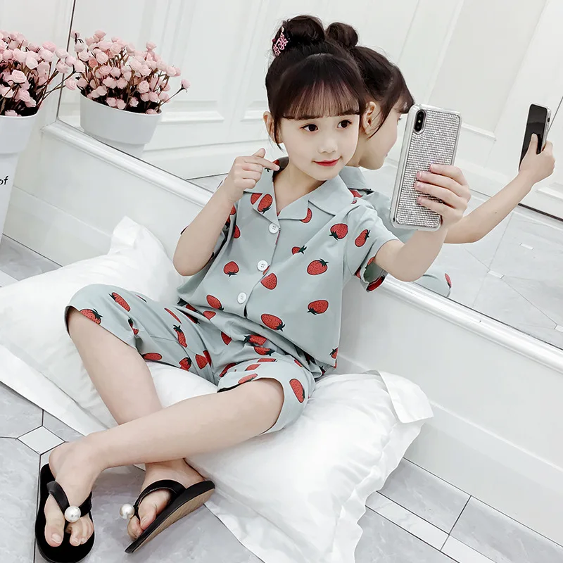 

Pajamas Set for Children Summer Toddler Kids Girls Home Clothing Turn-down Collar Tops Shorts 2Pcs Suits Baby Sleepwear Clothes