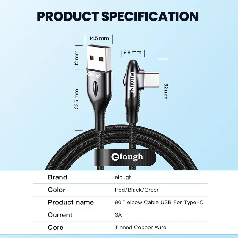 elough usb type c cable 90 degree 3a fast charging usb c cable for samsung xiaomi redmi note 11 mobile phones usb type c cord free global shipping