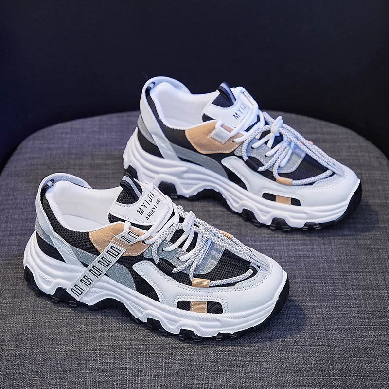 

2021 Spring Summer New Women Sneakers Girl Student Fashion Patchwork Lace-up Casual Sport Shoes Air Mesh Trainers 3 Colors