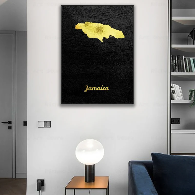 

Golden Map Jamaica Canvas Wall Art Print Modern Poster Wall Pictures Living Room Decor