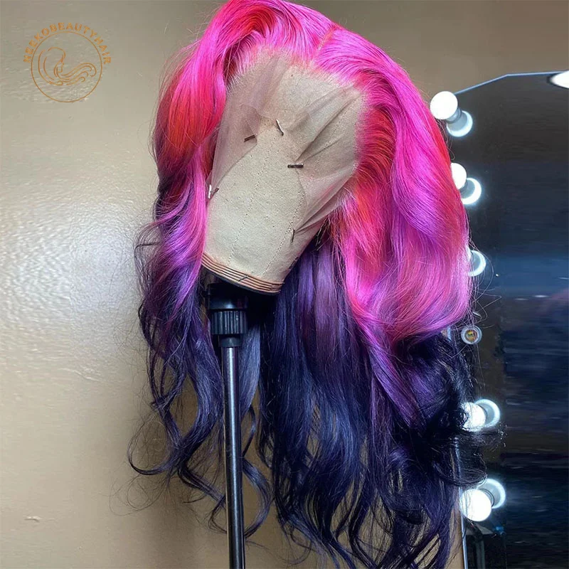 Парик из натуральных человеческих волос с эффектом омбре розовый фиолетовый