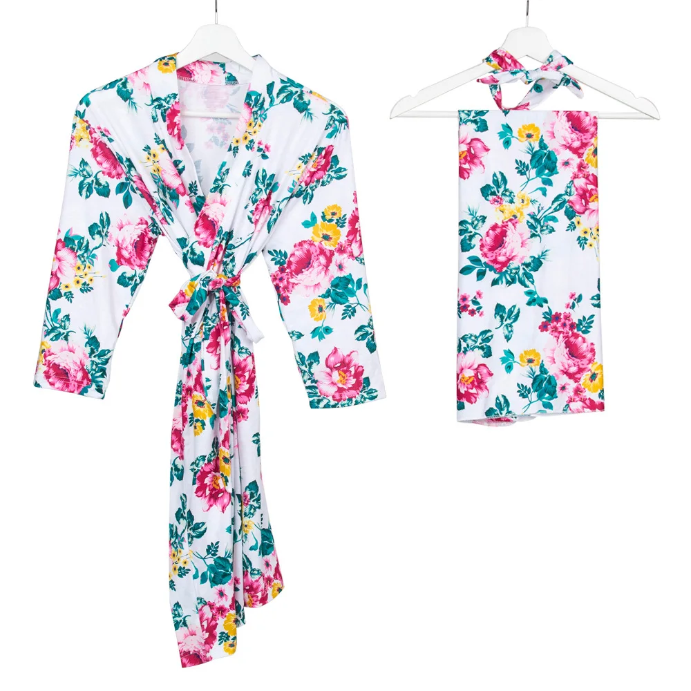 

INS new European and American baby delivery gown printing robe baby blanket headband three-piece delivery dress silk pajama