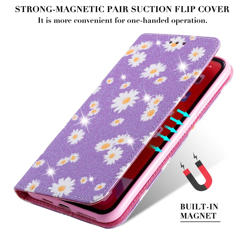 Блестящий чехол-Кошелек из искусственной кожи с цветами для iPhone 11 Pro Max X XR XS MAX 6 6s 7 8