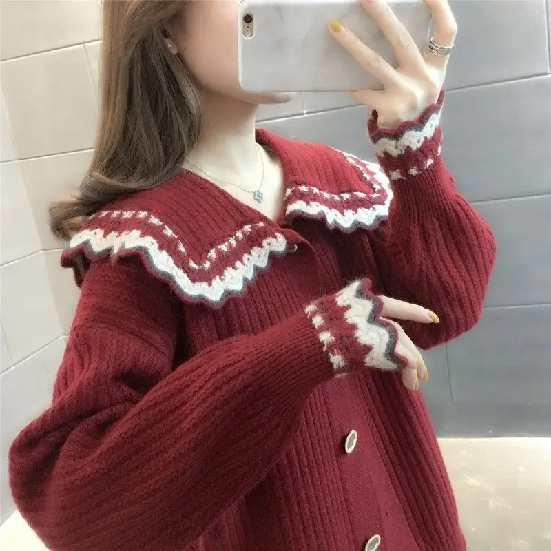 

Knitted cardigan women's spring 2021 new big baby collar lace edge sweater