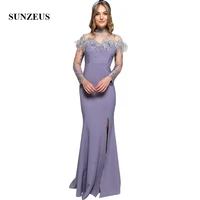 appliques high collar long sleeves evening gowns 2019 mermaid long elegant formal women dress with feathers party gown